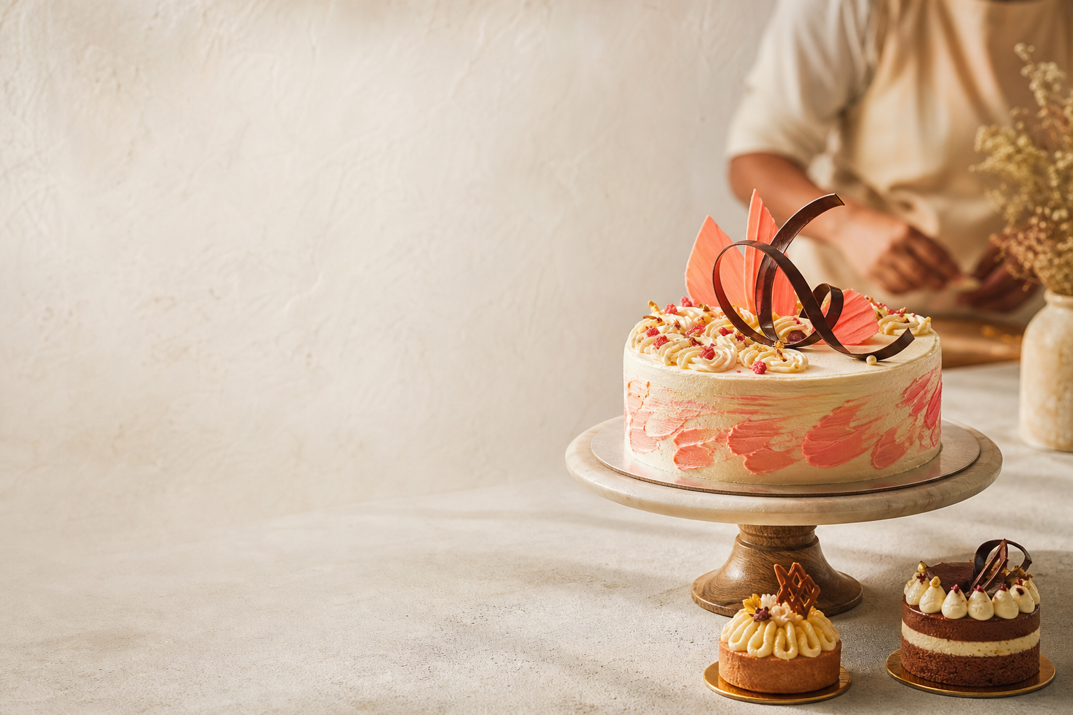 Coral celebration cake with handmade pastries